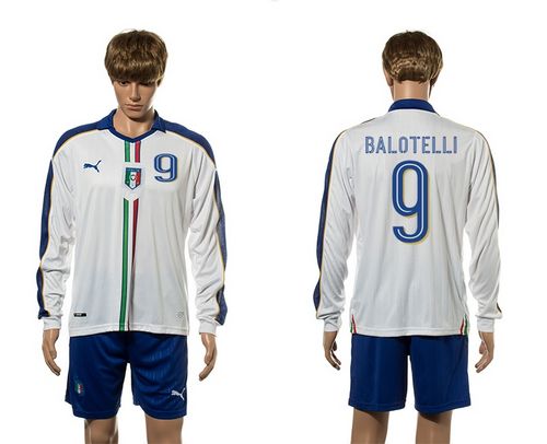 Italy #9 Balotelli White Away Long Sleeves Soccer Country Jersey